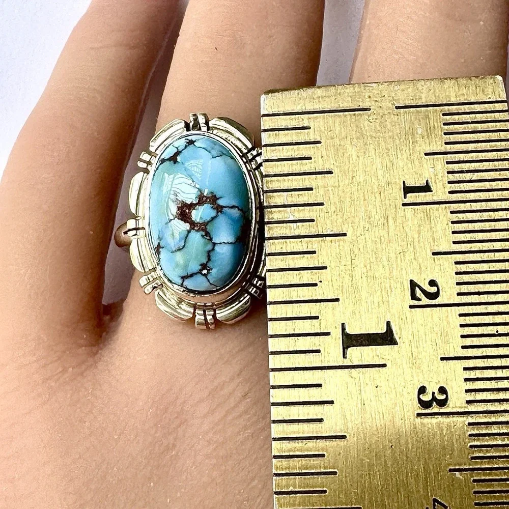 Navajo Blue Golden Hills Turquoise Ring Sz 9 Sterling Norvin‎ Johnson Shine